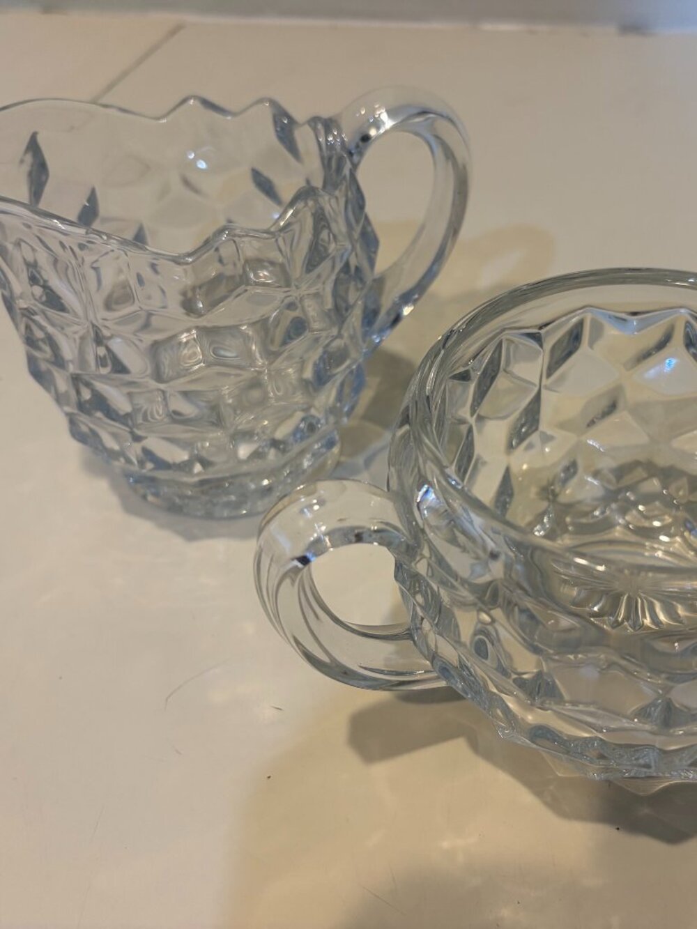 FOSTORIA AMERICAN CLEAR GLASS CUBIST CREAMER AND OPEN SUGAR Larger Set Over 3"